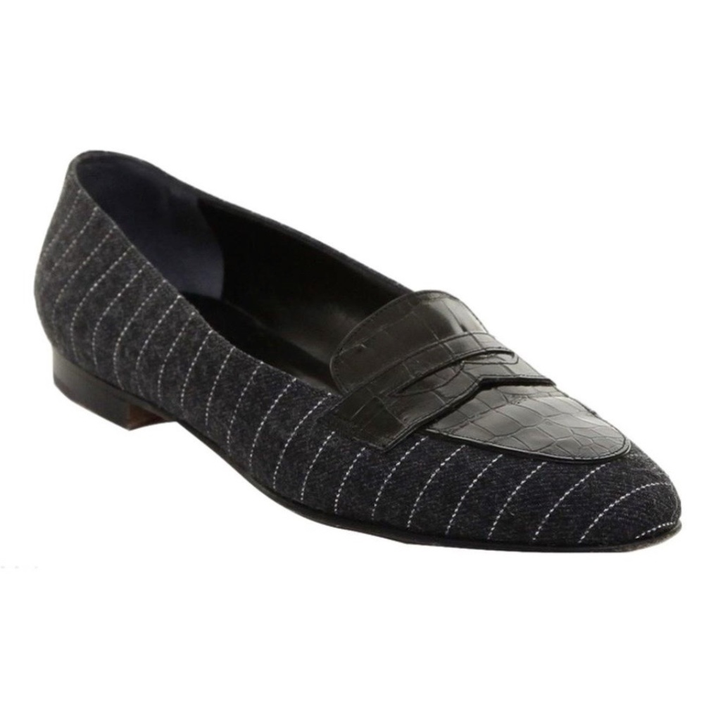 Suarez Grey Pinstripe Fabric Black Leather Shoes